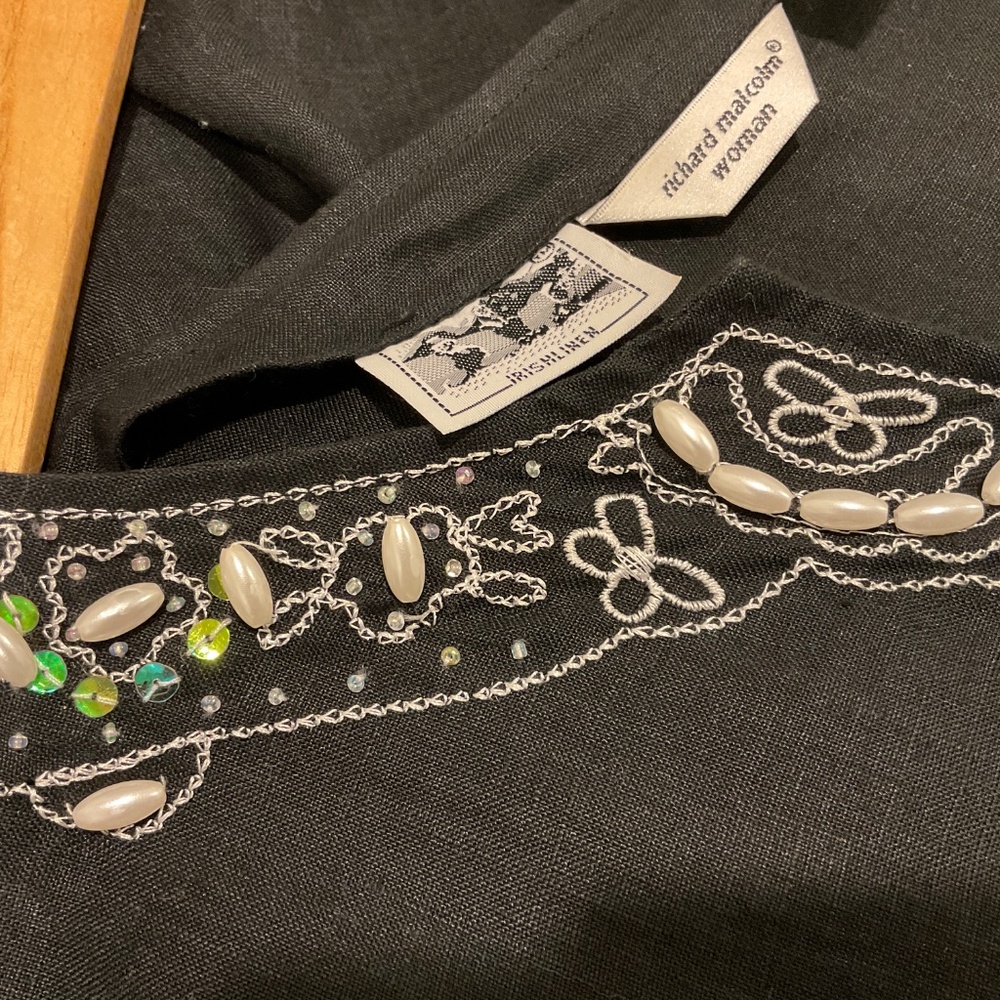 Richard Malcom Irish Linen Black Embellished Top 100% Linen Size 2X - Picture 9 of 11
